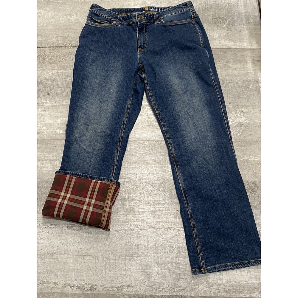 Carhartt Women's Boone Flannel Lined Blue Jeans Regular Relaxed Fit Size 14